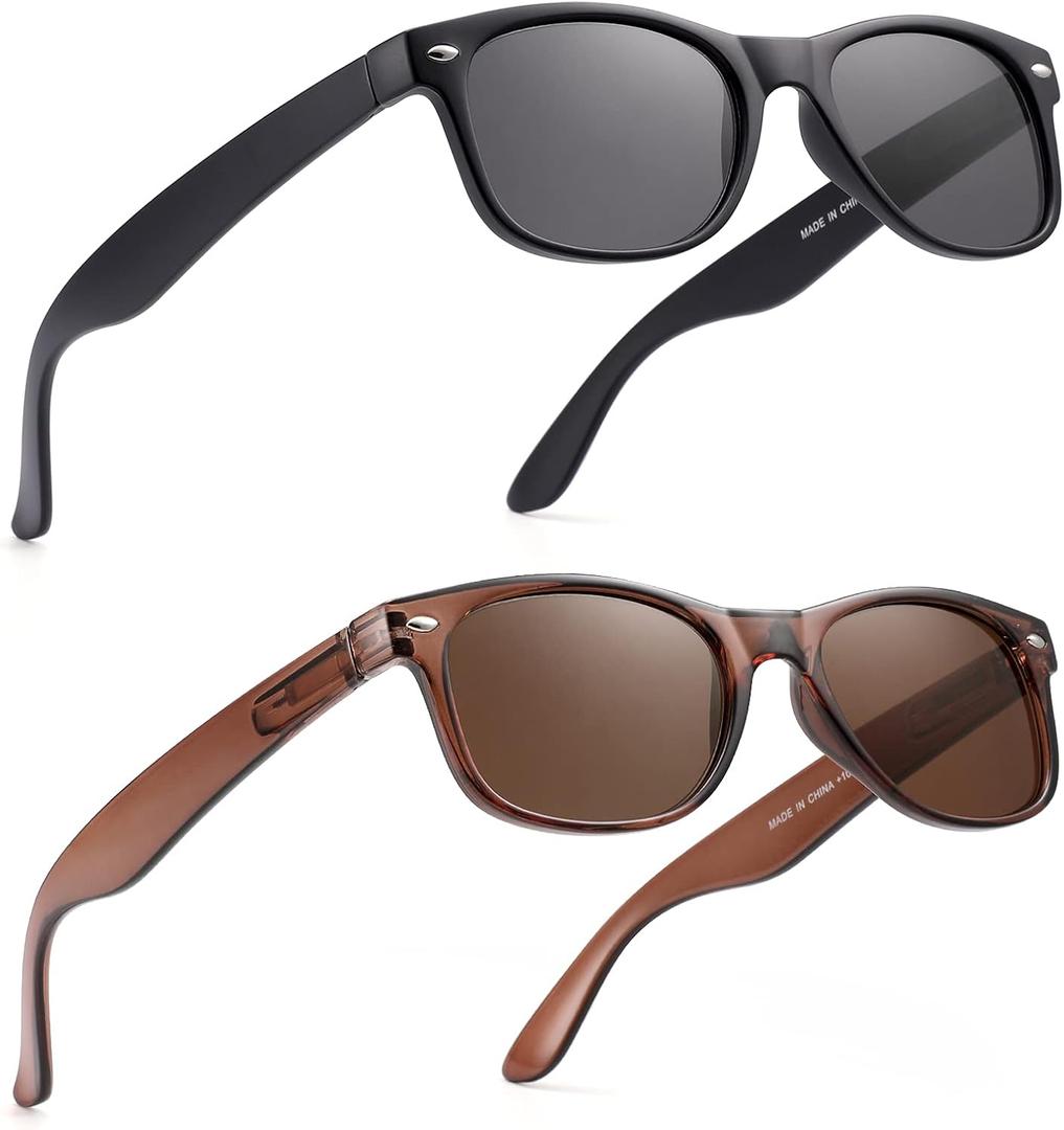 2 Pack Reader Sunglasses for Men Women Classic Rectangle Reading Glasses Outdoor Full Lenses Magnifying Eyewear UV Protection Matte Black/Bright Brown +1.25