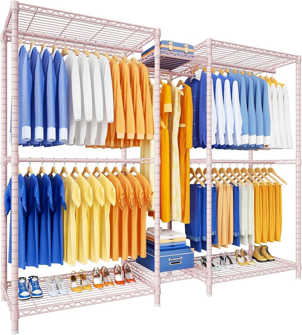 Ulif E12 Pro Clothes RackHeavy Duty Freestanding Garment Rack with ShelvesMetal Clothing Closet Storage System for Hanging Clothes71" W x 16" D x 76.5" H, Hold 960 lbsPink