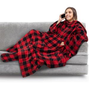 PAVILIA Fleece Blanket with Sleeves, Foot Pockets for Women Men Adults, Plush Wearable Blanket Throw Wrap, Warm Snuggle Blanket Robe, Cozy Gift Ideas Wife Mom, Checkered Red