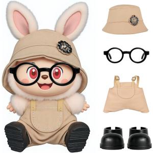 4pcs Dolls Outfit Set, Hat & Overalls for 17 cm Doll Clothes Accessories Suit, Stylish Clothes for Doll, Cute Outfits for Dress up Unique Style with Premium Fabric, Khaki