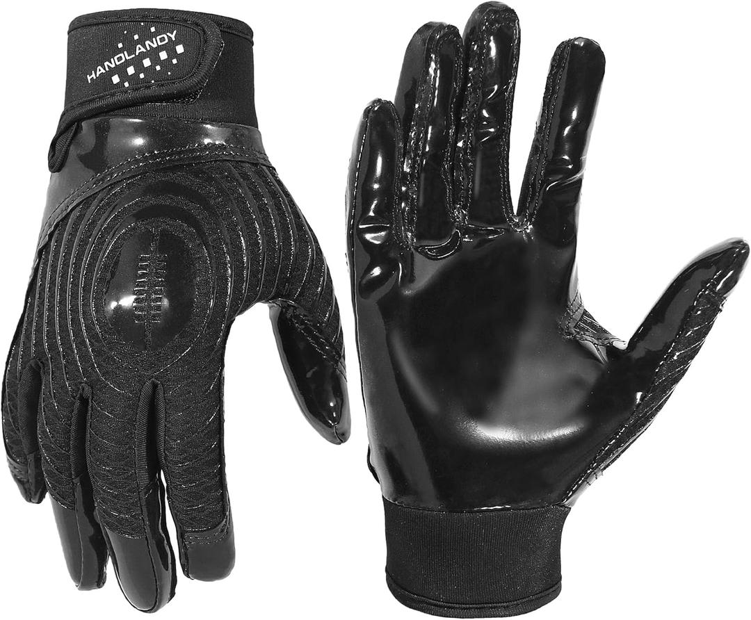 HANDLANDY Youth Football Gloves, Kids Sticky Receiver Gloves,Super Grip Football Glove Best Gift for Boys,Girls (Large-Adult, Dark Black-Adult)