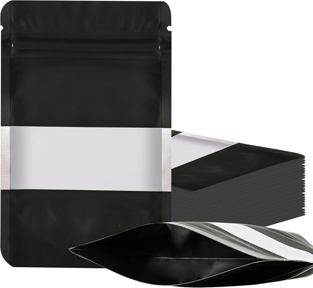 100 Pieces Smell Proof Mylar Resealable Food Storage Bags With Clear Window, Foil Pouch Stand-up for Self Sealing Supplies (Black, 3.5 x 5 Inch)