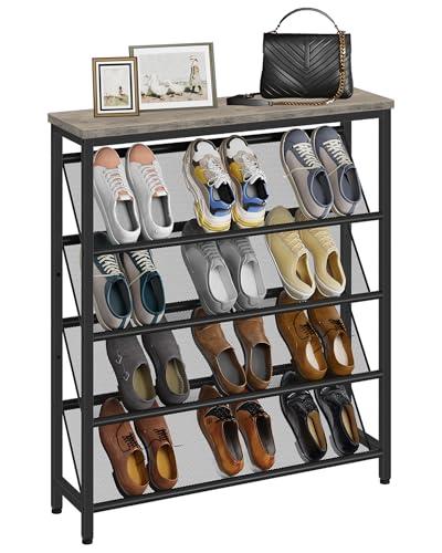 CHOEZON Shoe Rack, 5-Tier Slanted Shoe Storage Shelf, Narrow Shoe Rack for Entryway, Shoe Organizer with Adjustable Feet, Slim Shoe Shelf with Wooden Top and Metal Frame, Greige and Black TXJ02BG