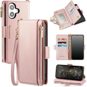 Antsturdy for iPhone 16 Plus Phone Wallet Case Women,Rose Gold RFID Blocking,with Credit Card Holder Slots,PU Leather Purse,Zipper Pocket,Wrist Strap Kickstand,Flip Folio Cover for Men