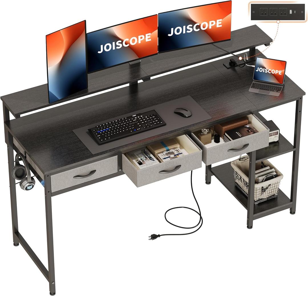 JOISCOPE Home Office Desk with Power Outlets (3AC, USB, Type-C), 60  20 Inch Computer Desk with 3 Drawers & Shelves, Laptop Table with Display Riser, Gaming Study Drafting Table for Bedroom, Black