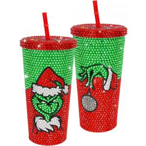 Bling Rhinestone Christmas Tumbler Gift, 20oz Stainless Steel Insulated Tumbler with Straw, Christmas Travel Coffee Mug for Womens/Mens Gift