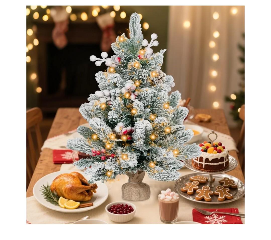ININ 2FT Prelit Mini Christmas Snow Flocked Tree,Tabletop Artificial Christmas Tree with LED Lights, Small Xmas Pine Tree with Cloth Bag Base for Christmas Decor,12 Clusters Berry & 8 Pinecones