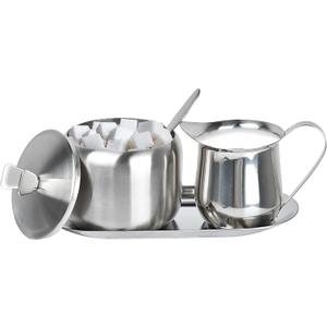 Sugar and Creamer Set, Coffee Serving Set, Stainless Steel Latte Milk Cup Cream Jug and Sugar Bowl with Lid and Spoon Tray Server for Coffee Tea Pepper Spices