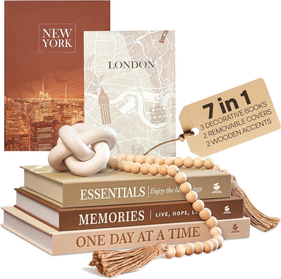JULZEN Linen Decorative Books for Home Decor - Aesthetic Set of 3 Beige Fake Books for Coffee Table Decor with Faux Book Box Storage, Wood Knot & Bead Garland - Neutral Living Room Decoration