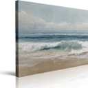 Calming Beach Seascape Canvas Wall Art Framed Serene Painting Ocean Waves Blue Teal Green Layers Sandy Shore Soft Horizon Coastal Wall Decor Artwork Print Poster 16x24 Inches