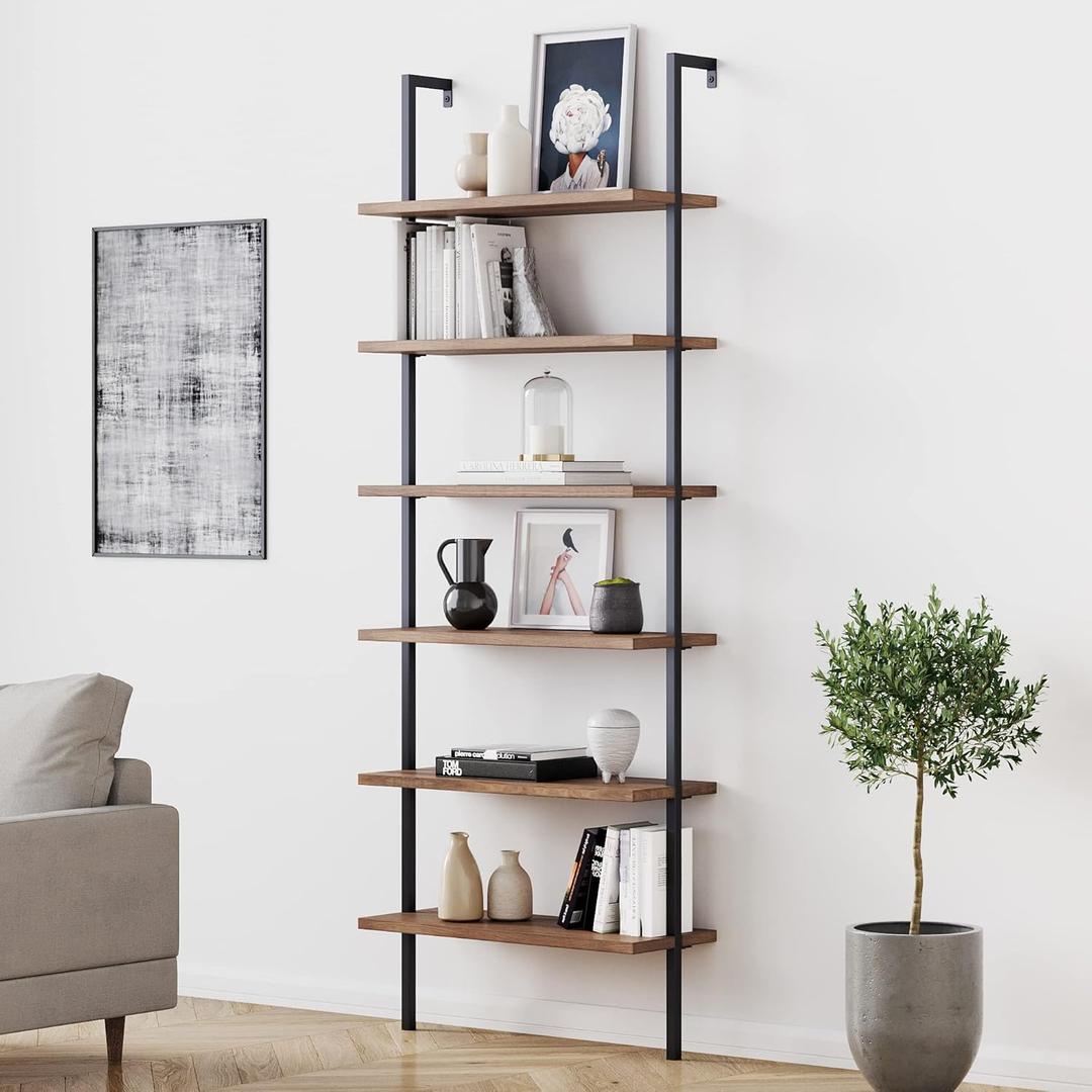 Nathan James Theo 6-Shelf Tall Bookcase, Wall Mount Bookshelf with Reclaimed Wood and Industrial Metal Frame, Oak/Black (1)