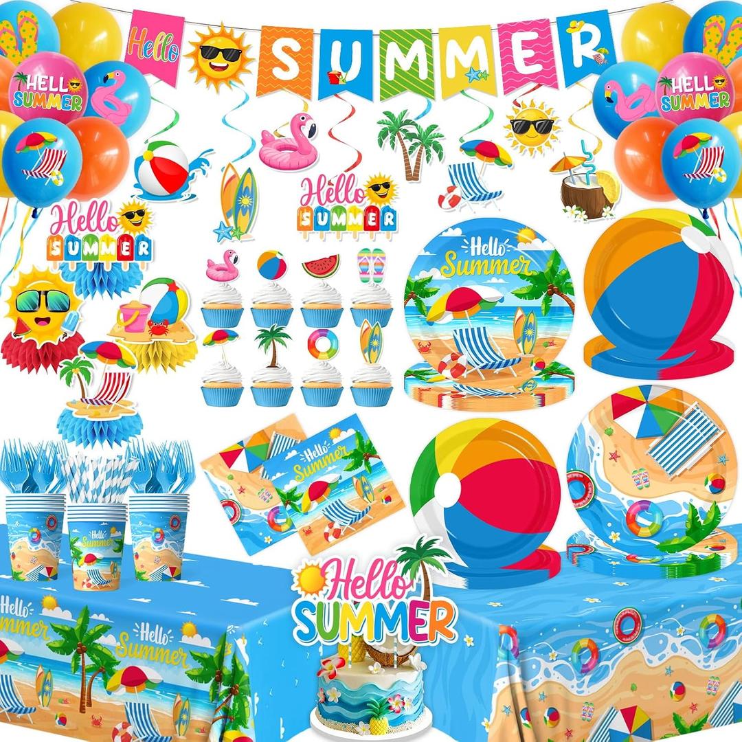 Beach Party Supplies Serve 24, Summer Beach Party Decorations Include Hello Summer Party Plates, Napkins,Cups,Tablecloth,Banner,Balloons and Cake Toppers for Hawaiian Pool Birthday Baby Shower Decor