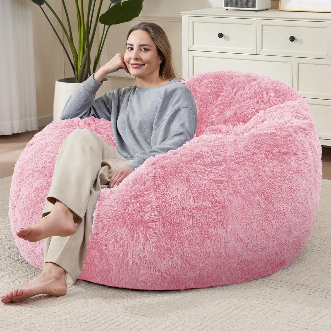 Bean Bag Cover (No Filler), Soft Faux Fur Stuffed Animal Bean Bag Storage Only Cover, Fluffy Plush Bean Bag Chair Cover Washable, Comfy Bean Bag Covers for Adults Kids Teens Side Pocket