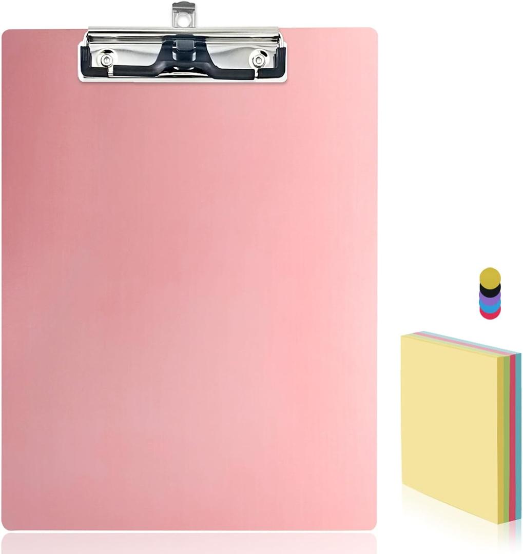 Aluminum Office Clipboard Metal Stainless Hangable Pen Holder Low-Profile Clip Letter Size A4 9" x 12.6" with Sticky Note for School Business Medical Professionals (Pink, A4)