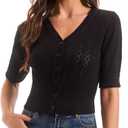 Women's Cotton Cropped Cardigan, Soft Short Sleeve V-Neck Casual Lightweight Cover Up Knit Sweater for Dresses (Black, XXXL)