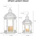 Lanterns Decorative Outdoor&Indoor, Set of 2 (15"&11") White Metal Lantern Decor with Glass, Candle Holder for Porch, Patio, Garden, Balcony, Wedding, Table Centerpiece