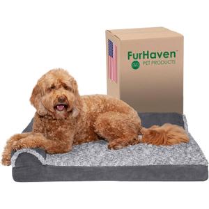 Furhaven Orthopedic Dog Bed for Large/Medium Dogs w/ Removable Bolsters & Washable Cover, For Dogs Up to 55 lbs - Two-Tone Plush Faux Fur & Suede L Shaped Chaise - Stone Gray, Large (36.0"L x 27.0"W x 6.5"Th, (Two-Tone Faux Fur & Suede) Stone Gray)
