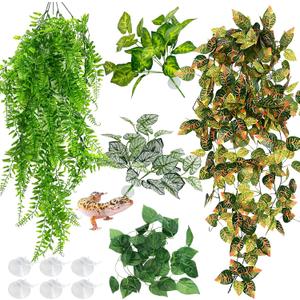 Hamiledyi 5 Pcs Reptile Plants Terrarium Hanging Fake Plant Leaves, Bearded Dragon Tank Accessories, Habitat Decor for Snake Leopard Gecko Lizard Chameleon Spider Turtle (Style 3)