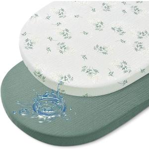 Baby Bassinet Sheets TPU Waterproof 2 Pack Soft Muslin Bedside Bassinet Mattress Sheets with Bottom Elastic Band for Baby Boy Girls Unisex Fit Hourglass Oval and Rectangle, Dark Green