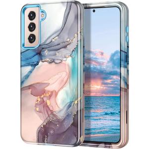 Btscase for Samsung S21 FE 5G 2022 Case, Marble Pattern 3 in 1 Heavy Duty Shockproof Full Body Rugged Hard PC+Soft Silicone Drop Protective Women Girl Cover for Samsung Galaxy S21 FE 5G, Blue Gray