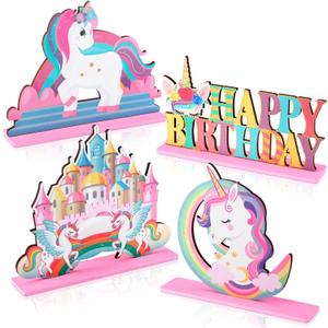 Barydat 4 Pcs Unicorn Birthday Table Centerpiece Rainbow Decorations Wooden Unicorn Theme Birthday Sign Photo Props for Girls Party Favors Baby Shower Supplies (Vivid)