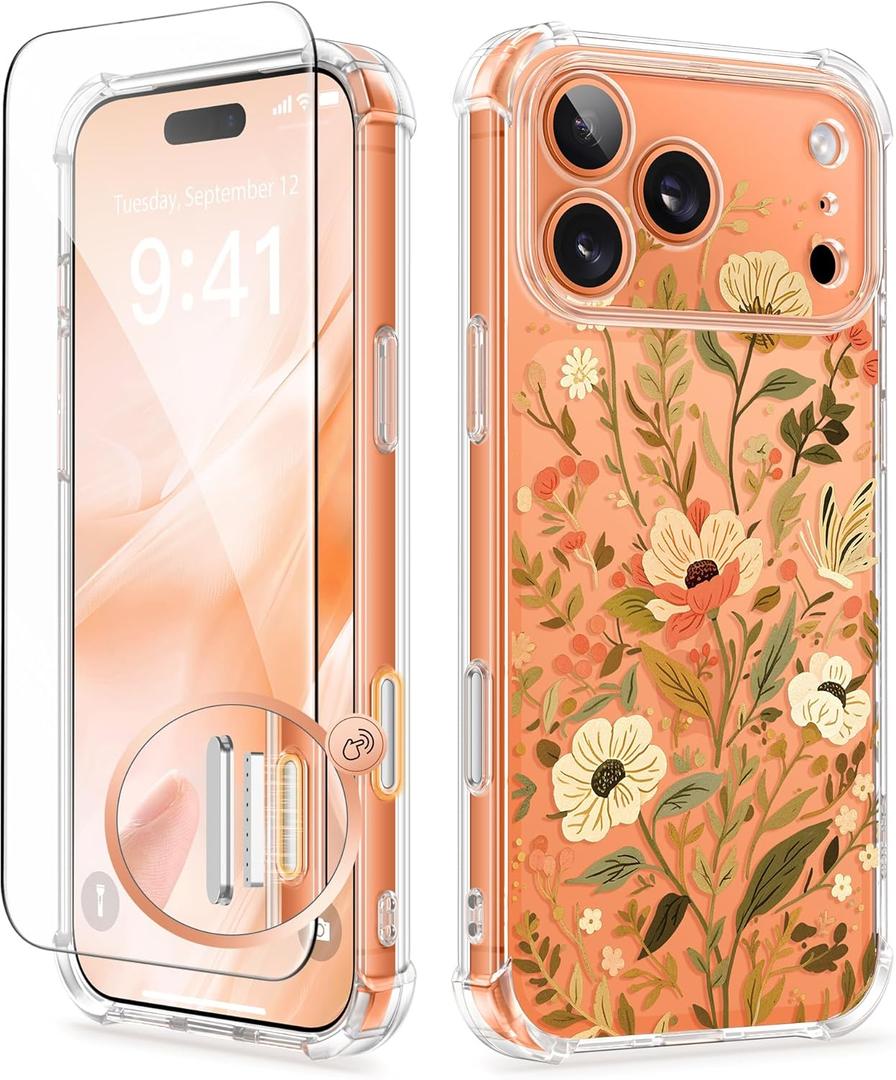 GVIEWIN for iPhone 17 Pro Case with Screen Protector, Upgraded [Full Camera Protection] [Non Yellowing] Floral Slim Shockproof Clear Women Phone Cover for iPhone 17 Pro 6.3" (Petite Blooms/Golden)
