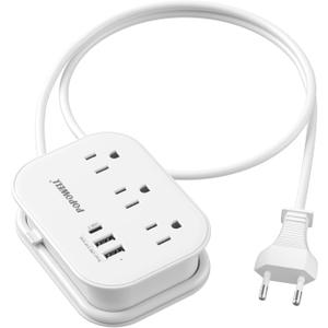 European Travel Plug Adapter,Travel Power Strip with 3 Outlets & 3 USB(3.4A), Type C US to EU Plug Adapter, International Power Adapter with 3 FT Extension Cord for Germany Italy Spain France White. (02-White 17W)