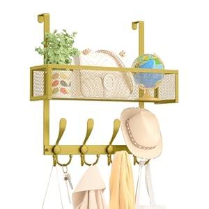Kaiferty Over The Door Hooks Organizer, Over Door Hanger Towel Rack Mesh Basket with 12 Hooks, Back of Door Storage Organizer for Bedroom, Bathroom, Kitchen, Office(Gold)