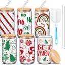 6 Pcs Christmas Glass Cups Gifts Bulk with Bamboo Lids and Straws 16 oz Candy Cane Snowflake Striped Iced Coffee Mugs Holiday Glass Tumblers Christmas Stuff for Women Men Coworker Family