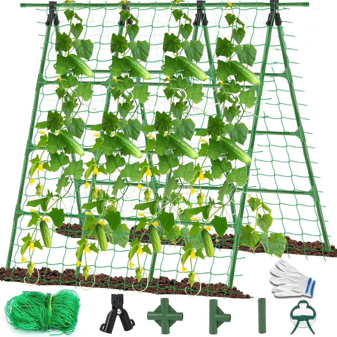 A-Frame Cucumber Trellis for Raised Bed - 63H x 47W, Heavy-Duty Detachable Garden Trellis with Netting & Clips, Support for Climbing Outdoor Cucumber, Tomatoes, Luffa, Bitter Melon, Vining Flowers