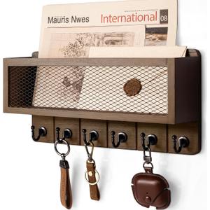 Rebee Vision Farmhouse Key Holder for Wall with Mail Storage Basket : Decorative Wall Mount Organizer with 6 Sturdy Wall Hooks and Wooden Key Rack - Rustic Home Decor (Retro Brown)