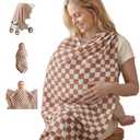 Blissful Diary Muslin Multi-Use Cloth - 4-in-1 Privacy Nursing Cover, Swaddle Blanket, Car Seat Cover, Burp Cloth, Portable Breastfeeding Essentials for Women, Baby Must Have (Brown Checkboard)