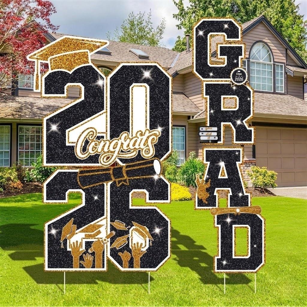 Graduation Yard Sign Class of 2026 Decorations, 4pcs Large Size Black and Gold Congrats Grad 2026 Lawn Yard Sign with Stakes for High School College Indoor Outdoor Graduation Party Decor Supplies