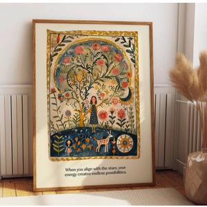 Framed Girl and Floral Tree Poster 3pc. Canvas Print Art Boho Wall Art Painting Pictures Whimsical Art Print Wall Decor Contemporary Home Decor for Living Room Bedroom Apartment (23"L x16"W)