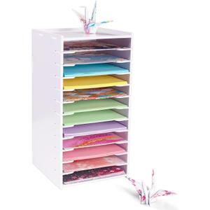 SANFURNEY 6" x 6" Origami Paper Organizer, 12 Tier Folding Papers Storage Rack, Desktop Traditional Origami Sheets Colored Paper Holder for Home School Classroom (White)