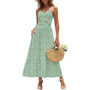 Zattcas Womens 2026 Summer Flowy Spaghetti Strap Empire Waist Floral Maxi Dress with Pockets Spring Flower Milkmaid Hawaiian Wedding Guest V Neck Tiered Maxi Sundress Green White S