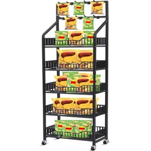 1 Set Retail Display Rack Shelf Cart with Wheels and Hook Heavy-Duty Metal Snack Potato Chip Display Organizer Concession Stand for Supermarket Grocery Store Home Black (5 Tier 10 Hook)