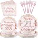 96 Pcs 21st Birthday Party Supplies for Women Rose Gold 21 Years Old Paper Plates and Napkins Tableware Set Disposable 21st Birthday Decorations for Ladies Women 21 Years Old Party Serves 24