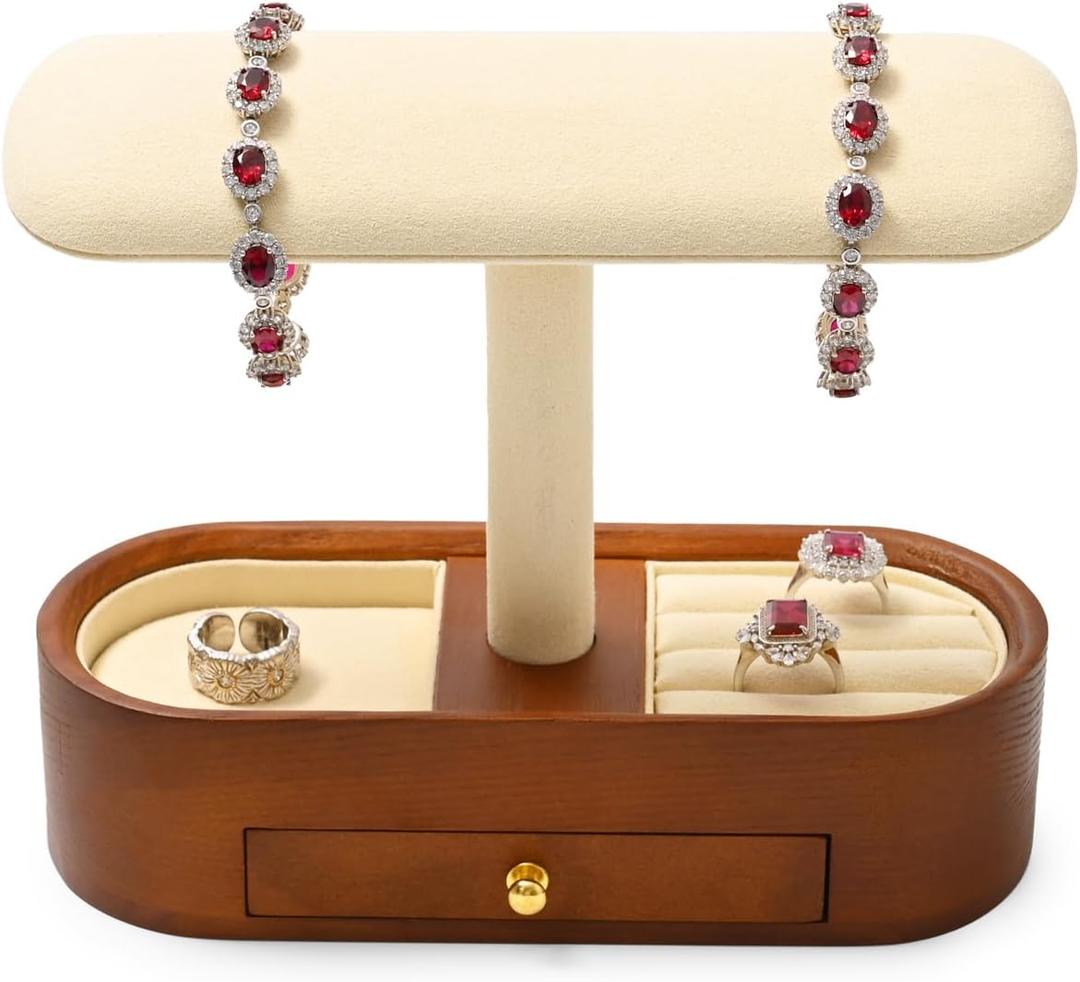 Oirlv Solid Wood Watch Stand with Drawer T-bar Watch Holder Organizer for Men and Women Showcase Bracelet Bangle Jewelry Display Stand Rings Earrings Necklace Storage(Drawer,Creamy-whit)