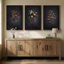 3 Piece Framed Moody Floral Wall Art for Living Room, Large Dark Black Vintage Botanical Canvas Artwork for Walls, Retro Flower Picture Prints Paintings for Kitchen Hallway Wall Decor, 24x36 Inch, 24W" x 36H"x3Pcs