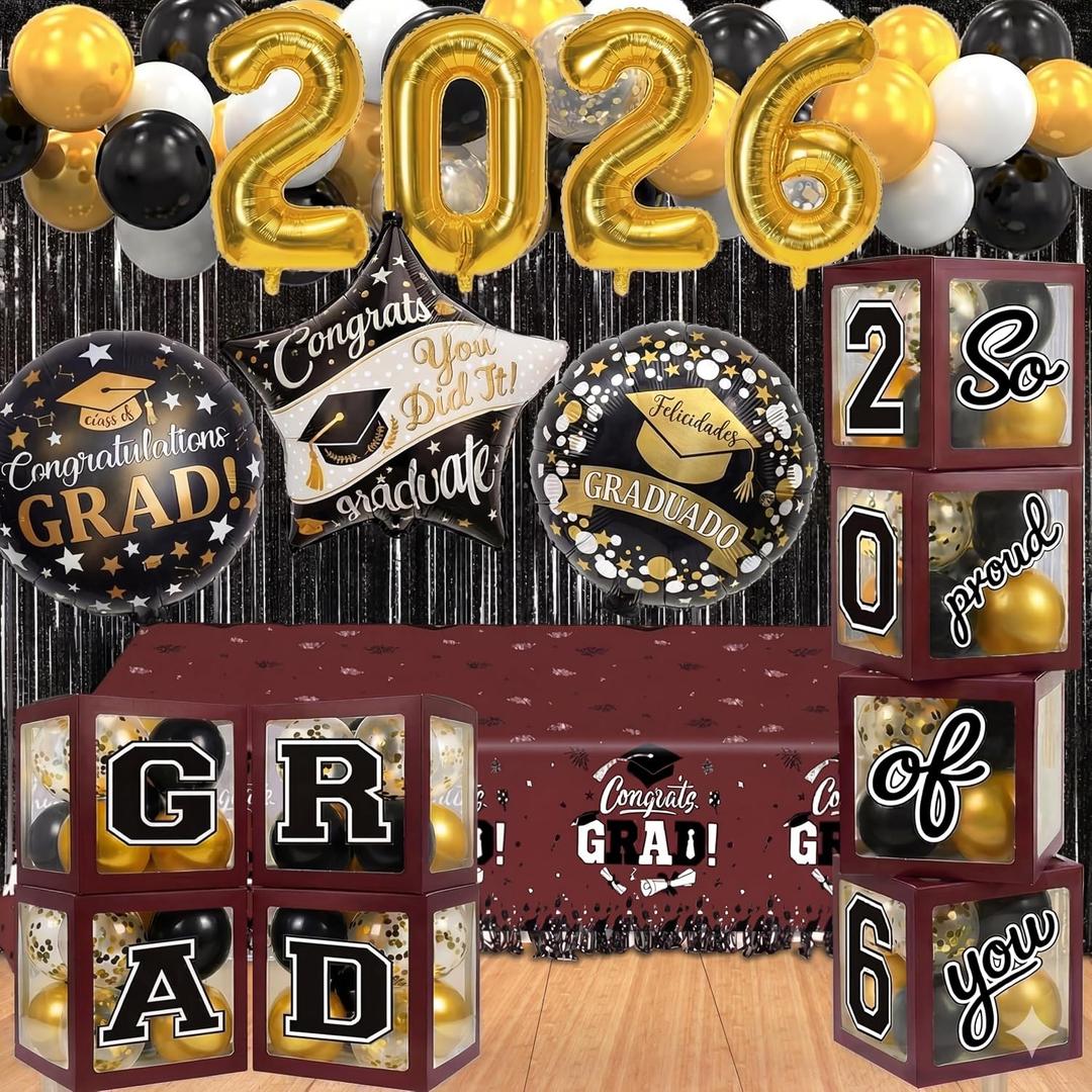 Black and Maroon Graduation Decorations Class of 2026 - Graduation Balloon Boxes, Balloon Arch Garland Kit, Fringe Curtains, Party Decorations 2026 for Any Grades