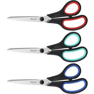 3-Pack 8" Heavy Duty Scissors with Ultra Sharp Blades and Comfort Grip Handles - For Office, Home, School, Sewing, and Crafts (Red, Green, Blue)