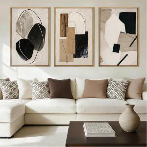 Large Abstract Paintings Framed Neutral Canvas Prints Mid Century Modern Wall Art for Living Room Bedroom Bathroom 36x24 Inch 3 Piece (Neutral Black Gold)