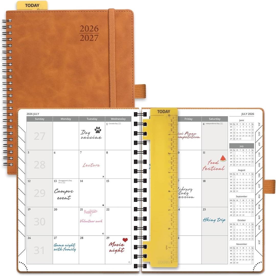 POPRUN 2026-2027 Monthly Planner, 6.5" x 8.5", 18 Month Calendar (July 2026 to December 2027) with Expense Tracker, Notes Pages, Sprial Bound, Leather Softcover - Brown