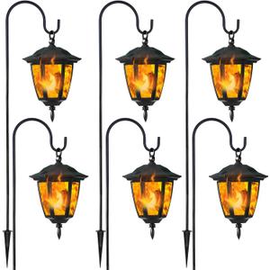 Dynaming 6 Pack Solar Flame Hanging Lights Outdoor, Halloween Solar Flickering Flame LED Garden Lanterns with 6 x 38 Inch Shepherd Hooks, Christmas Lighting for Lawn Patio Yard Pathway Driveway