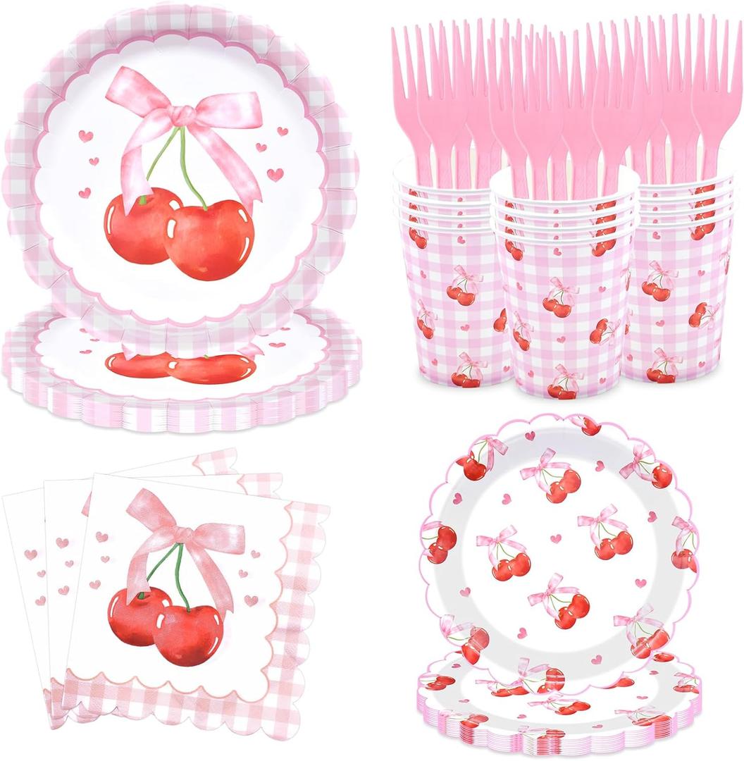 100 Pieces Cherry Tableware Set Party Supplies - Pink Gingham Disposable Paper Plates, Cups, Napkins, and Forks, Cute Cherry Design for Birthday, Baby Shower, Bridal Shower, Picnic, Serves 20 Guests