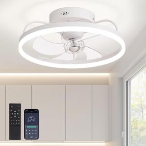 Ceiling Fans with Lights, 360 Rotating Ceiling Fan with Lights and Remote, 6 Wind Speeds Flush Mount Ceiling Fan for Bedroom, Dining Room and Kitchen 20" (White)