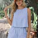 IDEALSANXUN Womens Two Piece Sets Summer Beach Spring Gingham Tank Tops and Plaid Shorts Pajama Sets (Blue, XL)