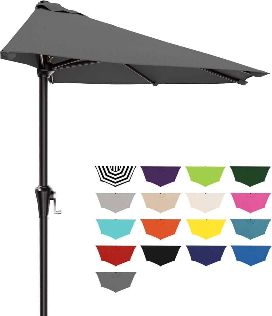 AreShark 9FT Half Patio Umbrella, Outdoor Wall Umbrella with Crank & 5 Sturdy Ribs, Table 1/2 Umbrella Patio for Garden, Deck, Balcony and Pool, Gray