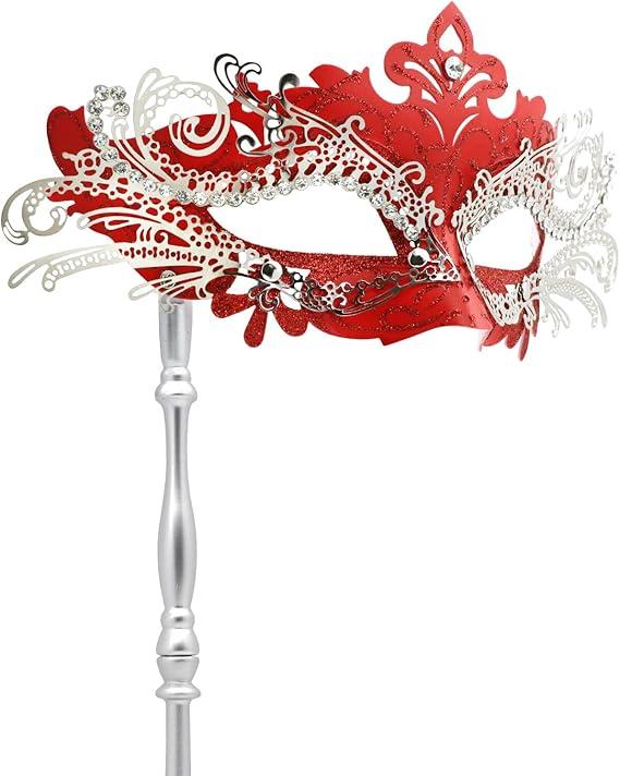 Coddsmz Masquerade Mask with Stick Venetian Mask Mardi Gras Decorations for Womens Halloween Costume Mask, Red and Silver